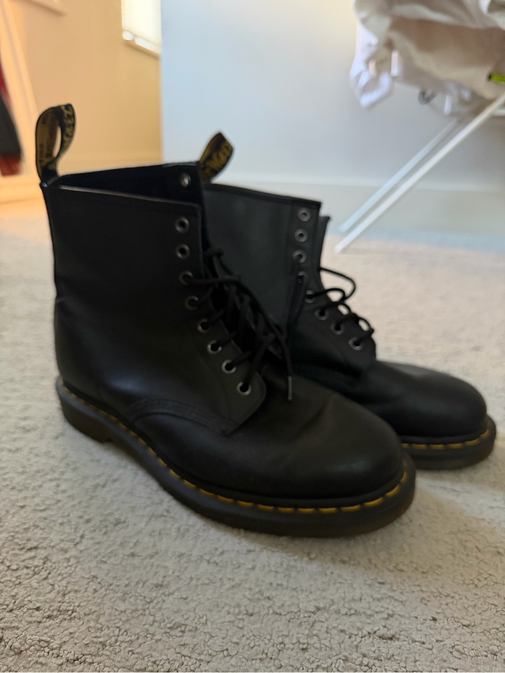 Dr. Martens Black Leather Lace-Up Boots with Yellow Stitching